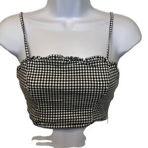 Forever 21 Small Black White Gingham Plaid Crop Tank Top Milkmaid Ruffles Rodeo